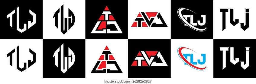 TLJ letter logo design in six style. TLJ polygon, circle, triangle, hexagon, flat and simple style with black and white color variation letter logo set in one artboard. TLJ minimalist and classic logo