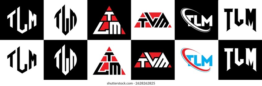 TLM letter logo design in six style. TLM polygon, circle, triangle, hexagon, flat and simple style with black and white color variation letter logo set in one artboard. TLM minimalist and classic logo