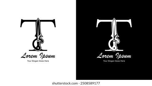 Diseño de logo en T combinado con una espada