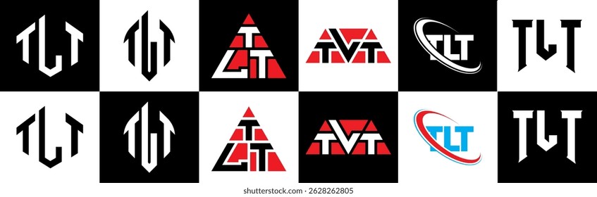 TLT letter logo design in six style. TLT polygon, circle, triangle, hexagon, flat and simple style with black and white color variation letter logo set in one artboard. TLT minimalist and classic logo