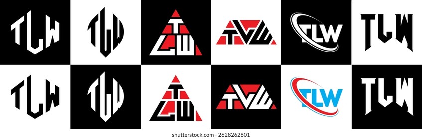 TLW letter logo design in six style. TLW polygon, circle, triangle, hexagon, flat and simple style with black and white color variation letter logo set in one artboard. TLW minimalist and classic logo