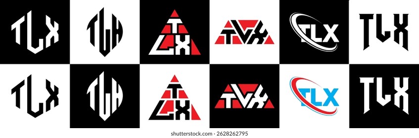 TLX letter logo design in six style. TLX polygon, circle, triangle, hexagon, flat and simple style with black and white color variation letter logo set in one artboard. TLX minimalist and classic logo