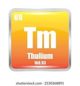 Tm icon. Thulium element. Atomic number 69. Mass 168.93. Orange square background. Vector symbol.