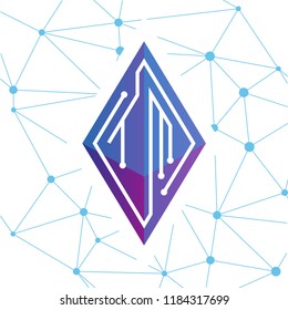 TM Initial letter block chain logo icon vector template. Looping mono line circuit letter on rhombus cube logo