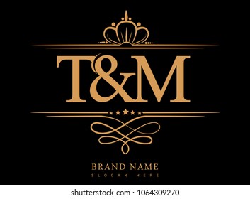 T&M Initial logo, Ampersand initial logo gold with crown and classic pattern