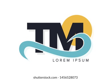 TM letter logo with ocean waves and sunset. Beach concept design