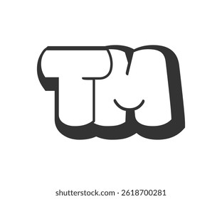 TM logo, bubble comic lettering, rounded in graffiti style black and white silhouette. Trendy preschool T and M letter text for festival party, personal initials, children funky print and web. 