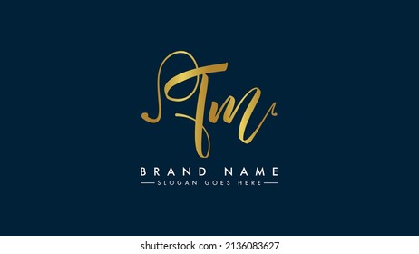 TM monogram logo Golden Signature style typographic icon.Typographic icon with script letter t and letter m.Lettering sign isolated on black background.Calligraphic hand drawn alphabet initials