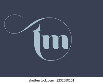 Icono de la firma del logotipo de monograma de TM.Las iniciales de alfabeto aisladas en fondos oscuros.Letra minúscula t, letra m.Signo de letra.Diseño deco moderno, caracteres de estilo de belleza.Tipografía seria