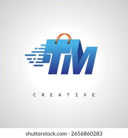 TM Shopping Monogram – Entrega rápida Logotipo de comercio electrónico con el icono del bolso y la marca digital para la tienda en línea, venta al por menor e identidad logística
