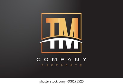 TM T M Golden Letter Logo Design with Swoosh and Rectangle Square Box Vector Design.
