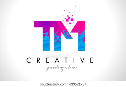 TM T M Letter Logo with Broken Shattered Blue Pink Triangles Texture Design Vector Illustration.