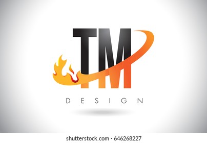 TM T M Letter Logo Design with Fire Flames and Orange Swoosh Vector Illustration.