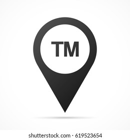 TM - Trade Mark sign on map pin. Location pointer isolated on a white background.
Conceptual vector illustration.