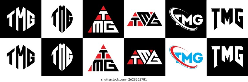 TMG letter logo design in six style. TMG polygon, circle, triangle, hexagon, flat and simple style with black and white color variation letter logo set in one artboard. TMG minimalist and classic logo