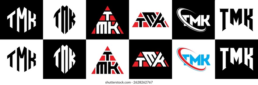 Design de logotipo de letra TMK em seis estilo. Polígono TMK, círculo, triângulo, hexágono, estilo simples e plano com logotipo de letra de variação de cor preto e branco definido em uma prancheta. TMK minimalista e logotipo clássico
