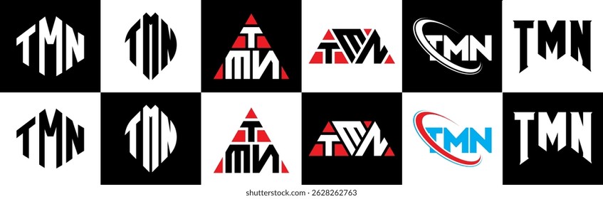 TMN letter logo design in six style. TMN polygon, circle, triangle, hexagon, flat and simple style with black and white color variation letter logo set in one artboard. TMN minimalist and classic logo