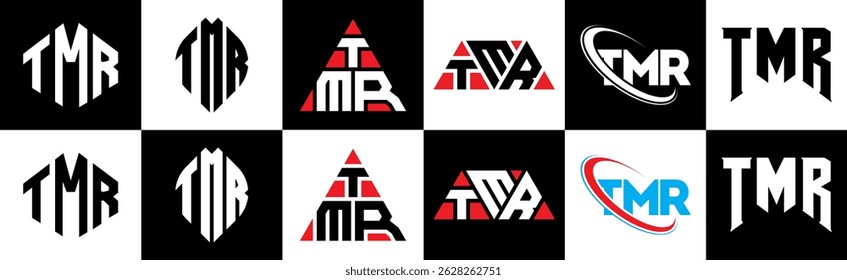 TMR letter logo design in six style. TMR polygon, circle, triangle, hexagon, flat and simple style with black and white color variation letter logo set in one artboard. TMR minimalist and classic logo