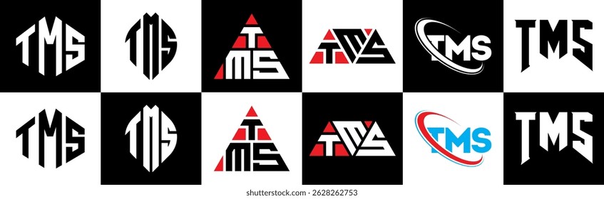 TMS letter logo design in six style. TMS polygon, circle, triangle, hexagon, flat and simple style with black and white color variation letter logo set in one artboard. TMS minimalist and classic logo