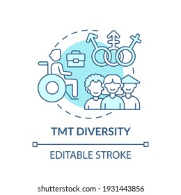 Tmt diversity concept icon. Top management team analysis criteria. People with various racial cultures. Employee idea thin line illustration. Vector isolated outline RGB color drawing. Editable stroke