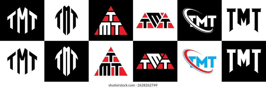 TMT letter logo design in six style. TMT polygon, circle, triangle, hexagon, flat and simple style with black and white color variation letter logo set in one artboard. TMT minimalist and classic logo