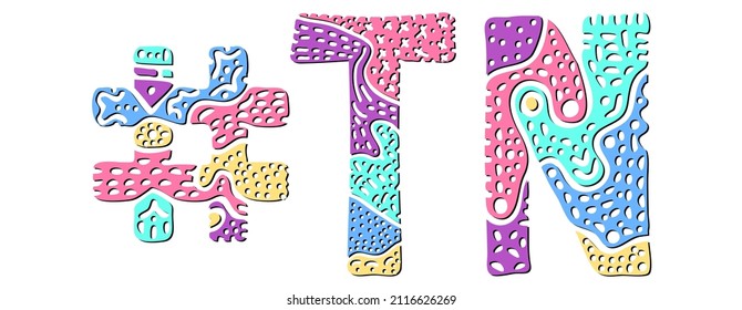 TN Hashtag. Multicolored bright isolate curves doodle letters. Hashtag #TN is abbreviation for the US American state Tennessee for social network, web resources, mobile apps.