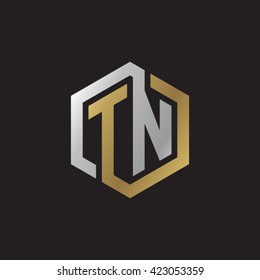 TN initial letters looping linked hexagon elegant logo golden silver black background
