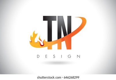 TN T N Letter Logo Design with Fire Flames and Orange Swoosh Vector Illustration.