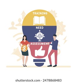 TNA - Formación Necesidad Evaluación acrónimo. fondo concepto de negocio. concepto de Ilustración vectorial con Palabras claves e iconos. ilustración de letras con iconos para el Anuncio de Web, volante, aterrizaje