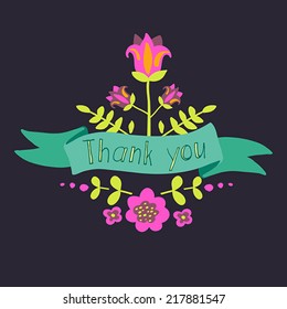 Tnank you - vector greeting card with ribbon and flowers