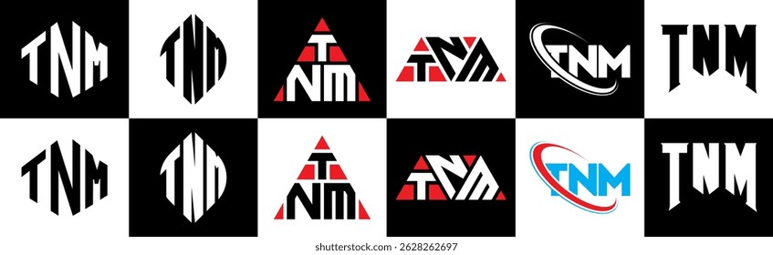 TNM letter logo design in six style. TNM polygon, circle, triangle, hexagon, flat and simple style with black and white color variation letter logo set in one artboard. TNM minimalist and classic logo