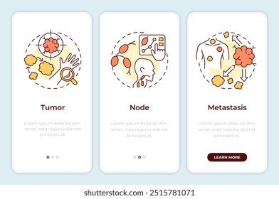 TNM system onboarding mobile app screen. Cancer walkthrough 3 steps editable graphic instructions with linear concepts. UI, UX, GUI template