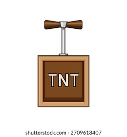 Ilustração da caixa do detonador Tnt com um mecanismo de êmbolo marrom, representando conceitos de perigo, explosão, impacto súbito e demolição em um fundo branco