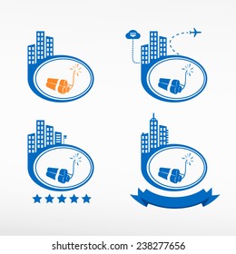 TNT dynamite bomb icon city background. Cityscape illustration set.  