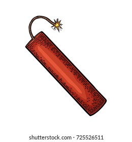 Bomba dinamita TNT. Ilustración de grabado en color vintage para póster, web. Aislado sobre fondo blanco. Vector de stock