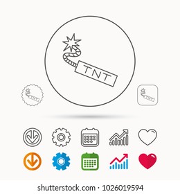 TNT dynamite icon. Bomb explosion sign. Calendar, Graph chart and Cogwheel signs. Download and Heart love linear web icons. Vector