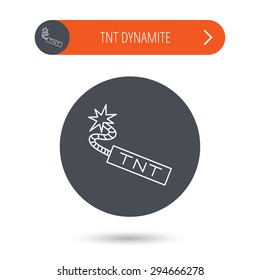 TNT dynamite icon. Bomb explosion sign. Gray flat circle button. Orange button with arrow. Vector