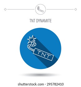 TNT dynamite icon. Bomb explosion sign. Blue flat circle button. Linear icon with shadow. Vector