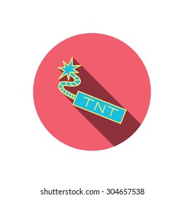 TNT dynamite icon. Bomb explosion sign. Red flat circle button. Linear icon with shadow. Vector