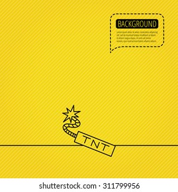 TNT dynamite icon. Bomb explosion sign. Speech bubble of dotted line. Orange background. Vector