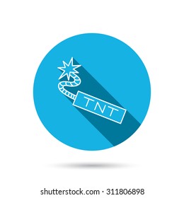 TNT dynamite icon. Bomb explosion sign. Blue flat circle button with shadow. Vector