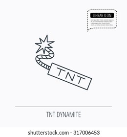 TNT dynamite icon. Bomb explosion sign. Linear outline icon. Speech bubble of dotted line. Vector