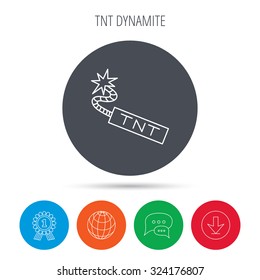 TNT dynamite icon. Bomb explosion sign. Globe, download and speech bubble buttons. Winner award symbol. Vector