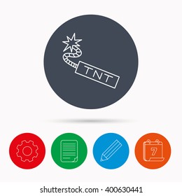 TNT dynamite icon. Bomb explosion sign. Calendar, cogwheel, document file and pencil icons.