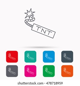 TNT dynamite icon. Bomb explosion sign. Linear icons in squares on white background. Flat web symbols. Vector