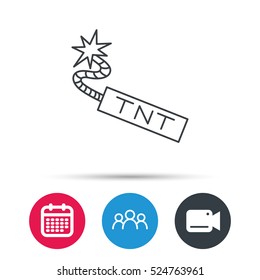 TNT dynamite icon. Bomb explosion sign. Group of people, video cam and calendar icons. Vector