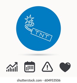 TNT dynamite icon. Bomb explosion sign. Calendar, attention sign and growth chart. Button with web icon. Vector