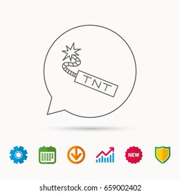 TNT dynamite icon. Bomb explosion sign. Calendar, Graph chart and Cogwheel signs. Download and Shield web icons. Vector