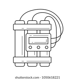 Icono de línea dinamita TNT aislado en fondo blanco. Icono de línea vector de la bomba dinamita con un temporizador para infografía, sitio web o aplicación.