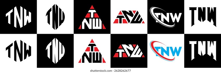 TNW letter logo design in six style. TNW polygon, circle, triangle, hexagon, flat and simple style with black and white color variation letter logo set in one artboard. TNW minimalist and classic logo